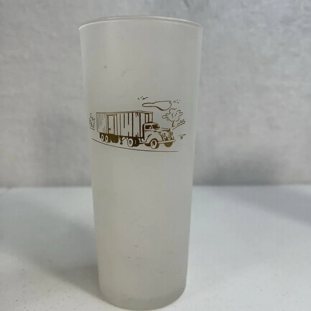 Vintage Rare Lot 6 Glass Frosted White Gold Etching Semi Trailer Crane Big Rig‎